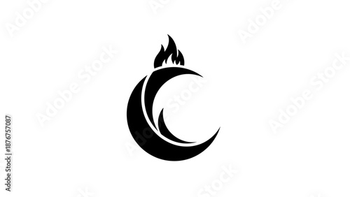 Abstract Black Crescent Moon Logo with Flame Element on isolated white background