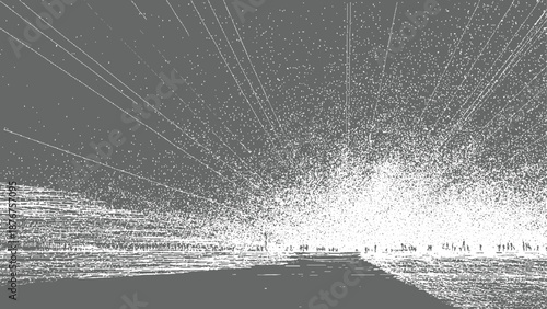 Stylized abstract landscape with a road leading to a bright horizon filled with scattered dots and silhouettes of distant figures