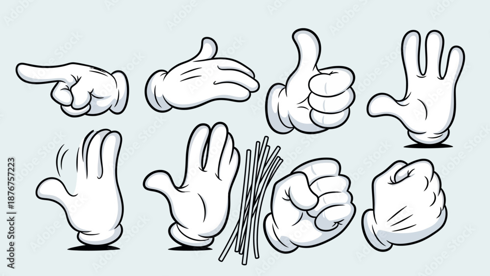 Fototapeta premium Diverse Cartoon Hand Gestures for Communication and Interaction on Light Blue Background