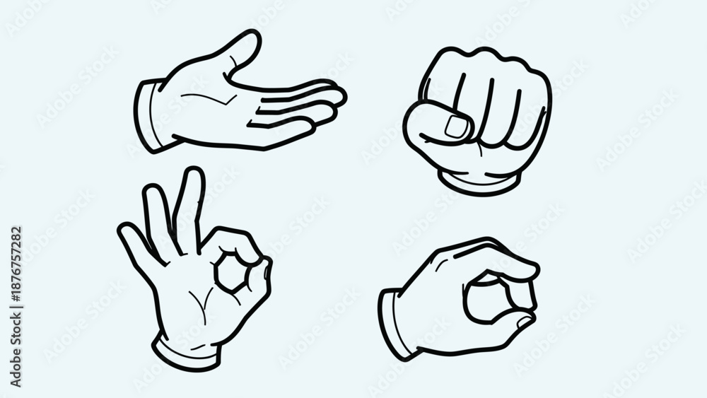 Fototapeta premium Collection of Cartoon Hand Gestures Showing OK Sign, Fist, and Waving on Light Blue Background
