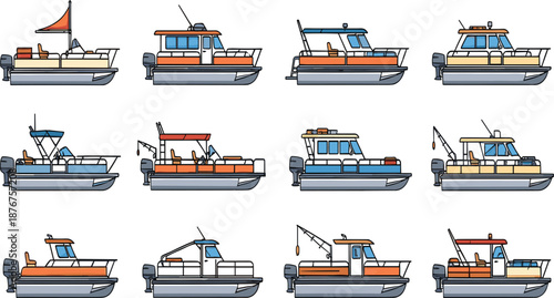 Pontoon Boat Vector Icon Pack with Marine Function Variations.