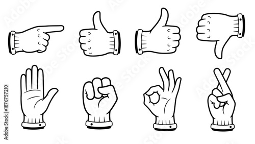 Set of Cartoon Hands in White Gloves Showing Various Gestures on Isolated White Background