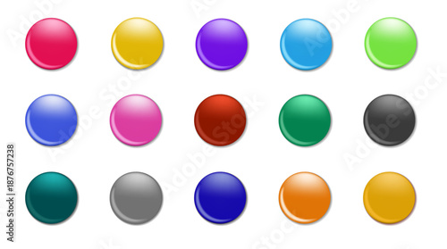 Set of different color push pin. Stationery elements. Yellow, blue, red thumbtacks. Magnet round buttons.