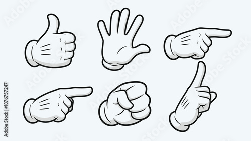 Variety of Cartoon Hand Gestures for Communication and Direction on Light Blue Background