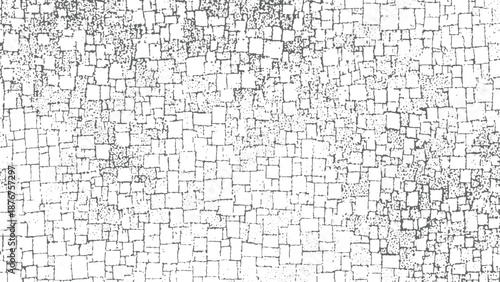 Monochrome abstract background composed of small square shapes and speckled dots forming a textured mosaic or distressed surface