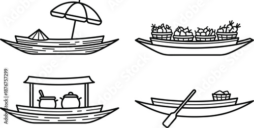 Floating market vendor boat with fruits vector illustration