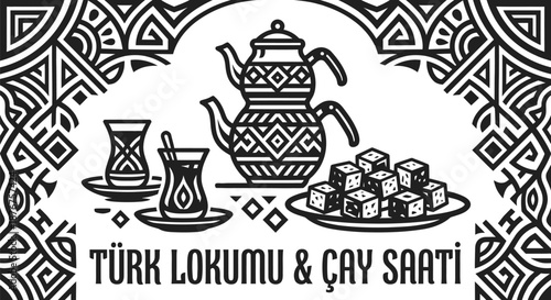 Turkish delight and tea service vector illustration with patterns