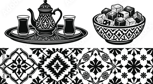 Turkish delight and tea service vector illustration with patterns