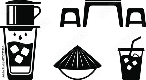 Vietnamese coffee culture icons with traditional drip filters and stools