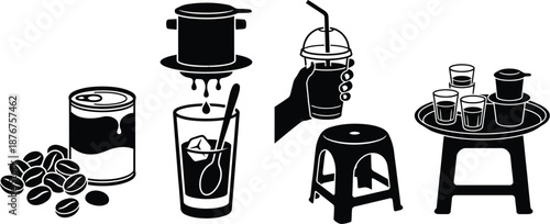 Vietnamese coffee culture icons with traditional drip filters and stools
