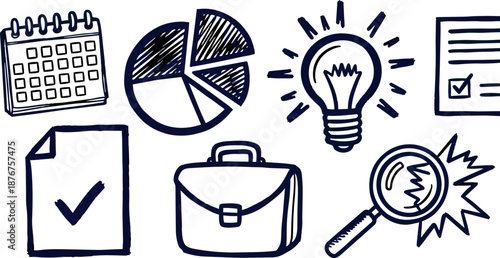 Hand drawn business icons including calendar pie chart lightbulb checklist documents briefcase and magnifier set collection