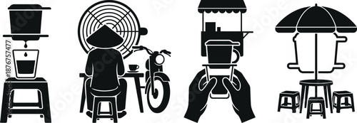 Vietnamese coffee culture icons with traditional drip filters and stools