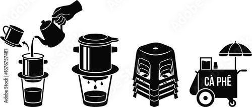 Vietnamese coffee culture icons with traditional drip filters and stools
