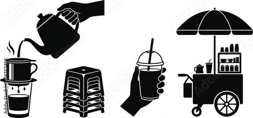 Vietnamese coffee culture icons with traditional drip filters and stools