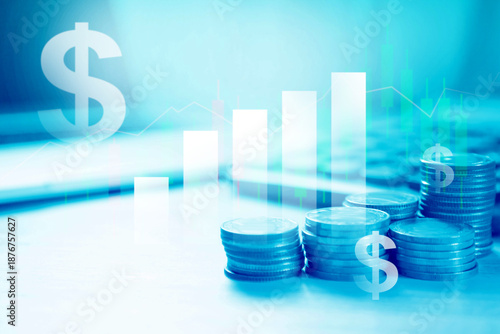 Financial graph with stack of coins; Business profit and stock market concept