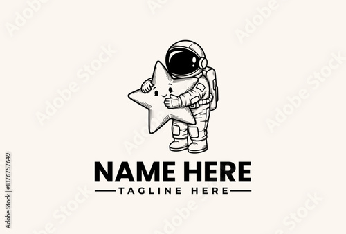 Black and white illustration of an astronaut holding a star with a placeholder name and tagline on a clean background, featuring a logo design concept with icon and pictogram elements.