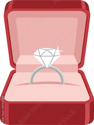 Diamond solitaire engagement ring in open velvet jewelry box vector.
