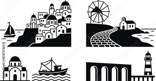 Greek island village vector icons set with Mediterranean sea