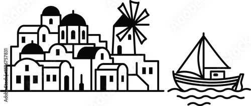 Greek island village vector icons set with Mediterranean sea