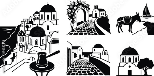 Greek island village vector icons set with Mediterranean sea
