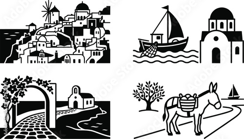 Greek island village vector icons set with Mediterranean sea