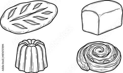 Bakery bread and pastry line art vector collection