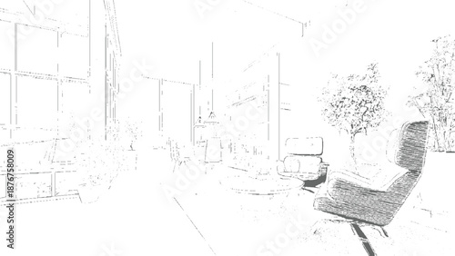 Interior of a contemporary living room with comfortable armchairs, a coffee table, and large windows offering natural light and a sense of spaciousness