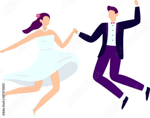 Happy newlywed couple jumping celebrating wedding and love