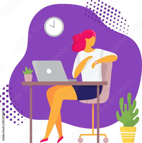 Woman working on laptop checking time management