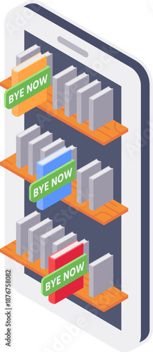 Mobile phone displaying online library with books for sale