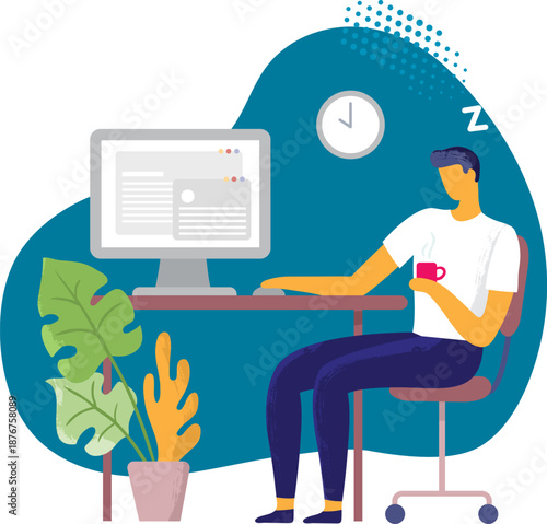 Man feeling sleepy working at computer home office