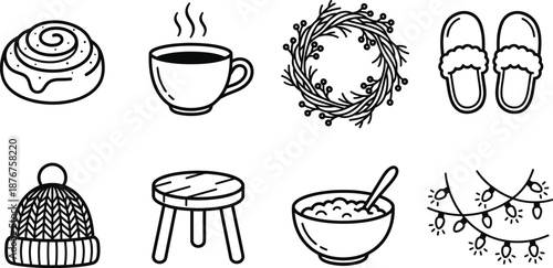 Hygge lifestyle vector icons and cozy Scandinavian design elements