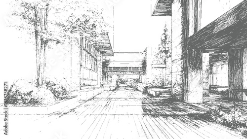 Architectural of a modern courtyard with trees and minimalist buildings showcasing a serene outdoor space with clean lines and natural