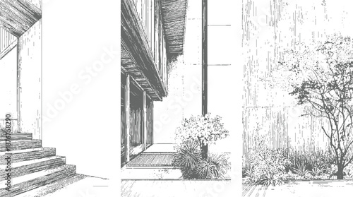 Architectural of a contemporary building with a staircase and a courtyard garden featuring dense foliage and a small tree