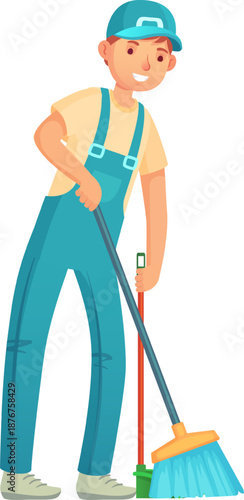 Professional cleaner sweeping floor using broom and dustpan