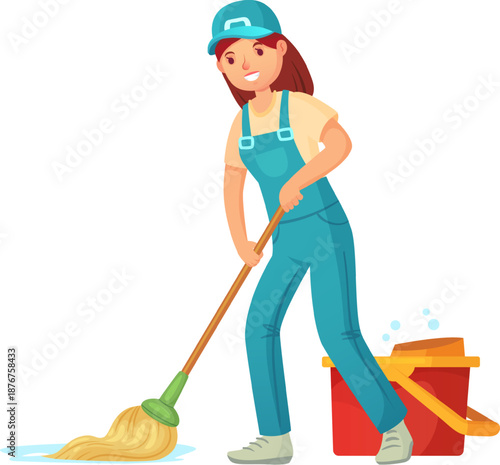 Woman working cleaning floor with mop and bucket