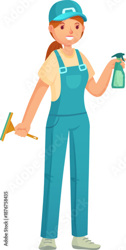 Smiling woman cleaning worker holding spray bottle and squeegee