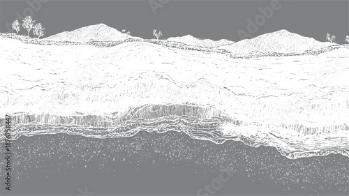 Hand-drawn monochrome landscape featuring rolling hills, distant mountains, sparse trees, and textured ground lines creating a stylized natural scene