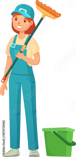Female cleaner holding mop ready for work
