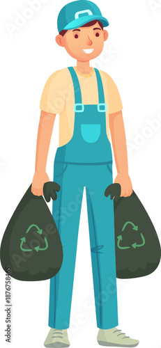 Young man holding recycling bags for waste management