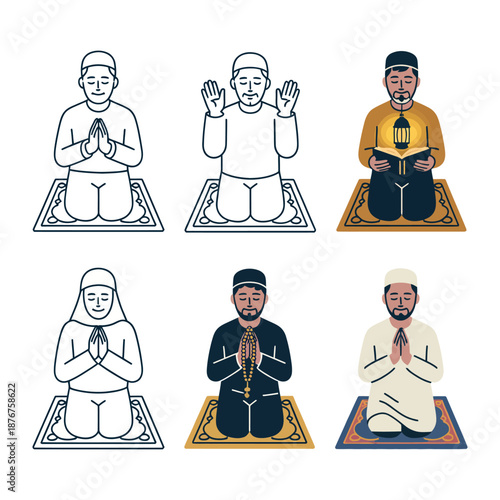 Religious Devotion in Prayer: Illustration capturing the essence of spiritual connection, featuring various individuals immersed in prayer, emphasizing the serenity and unity found in devotion. 
