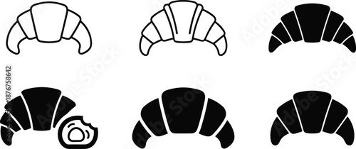 Collection of croissant icons in black and white outlines and solid fills