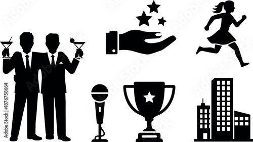 Silhouette vector group of businessmen holding cocktails with trophy hand stars microphone and cityscape icons