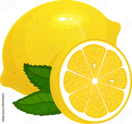 Fresh lemon and slice with green leaves