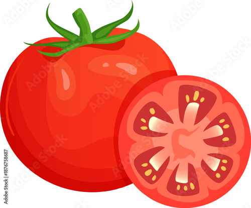 Ripe red tomato with leaf and cut slice
