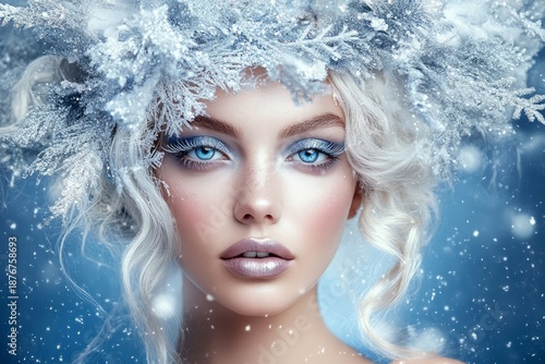 Young woman with ice-blue eyes, snowflake crown, winter backdrop, and ethereal aura. Neural network AI generated