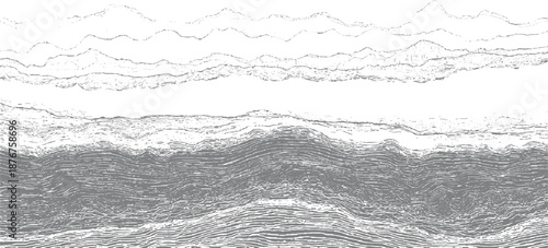 Abstract monochrome wavy lines and layered textures creating a dynamic and flowing visual pattern, reminiscent of geological strata or water currents