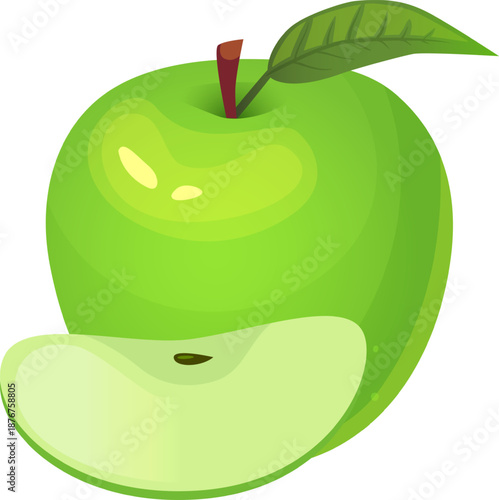 Green apple with a slice and leaf illustration