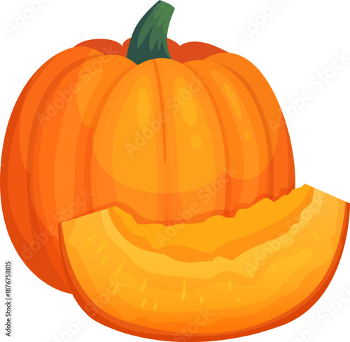 Whole pumpkin with a cut slice illustrating autumn harvest