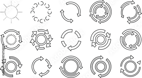 Outline Circular Arrow Icons Set Showing Rotation, Refresh, Loading, Process Flow, and Continuous Cycle Vector Illustration